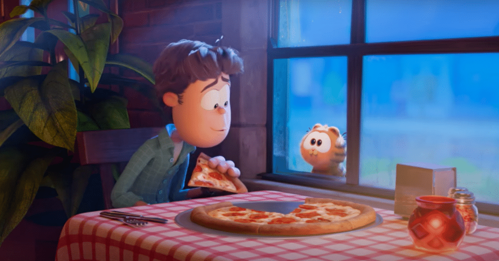 The animated characters Garfield and John in The Garfield Movie.